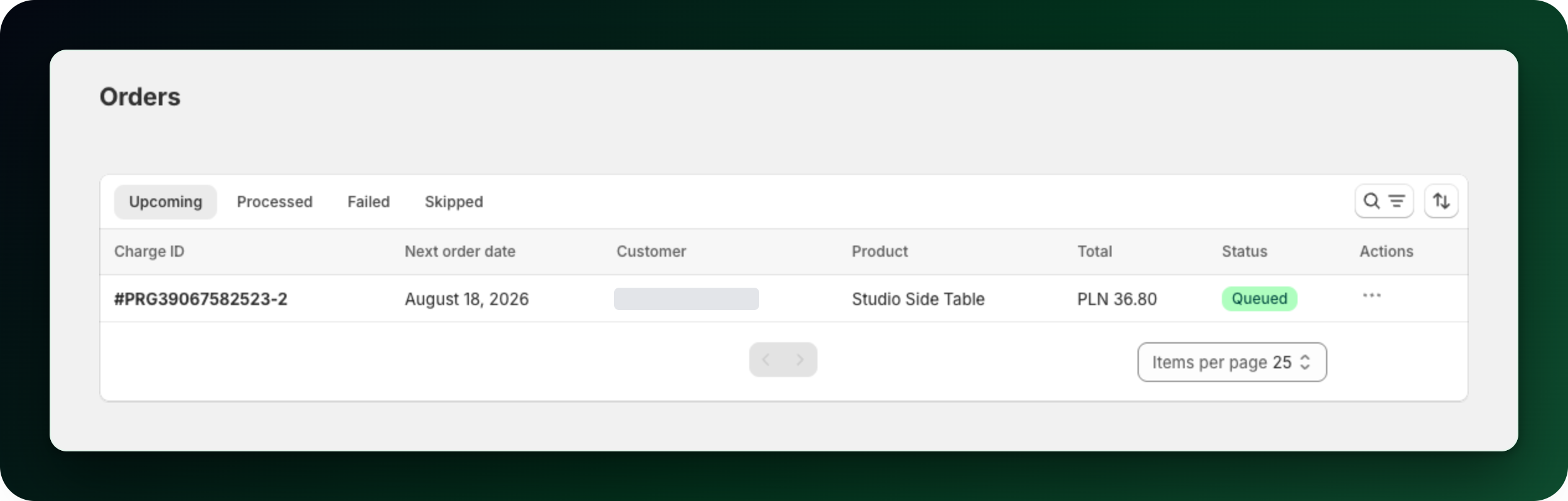 The Orders page with the Upcoming, Processed, Failed and Skipped tabs The Orders page with the Upcoming, Processed, Failed and Skipped tabs