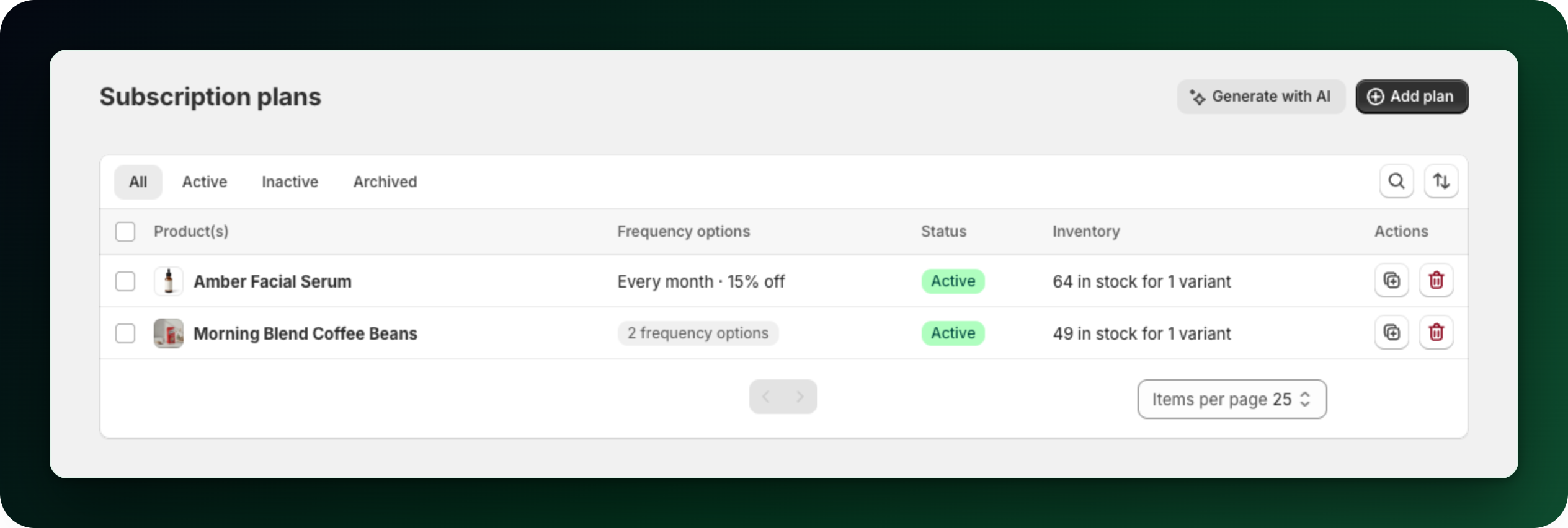 The Subscription plans table with the All, Active, Inactive and Archived tabs, and a duplicate and a delete icon on every row The Subscription plans table with the All, Active, Inactive and Archived tabs, and a duplicate and a delete icon on every row