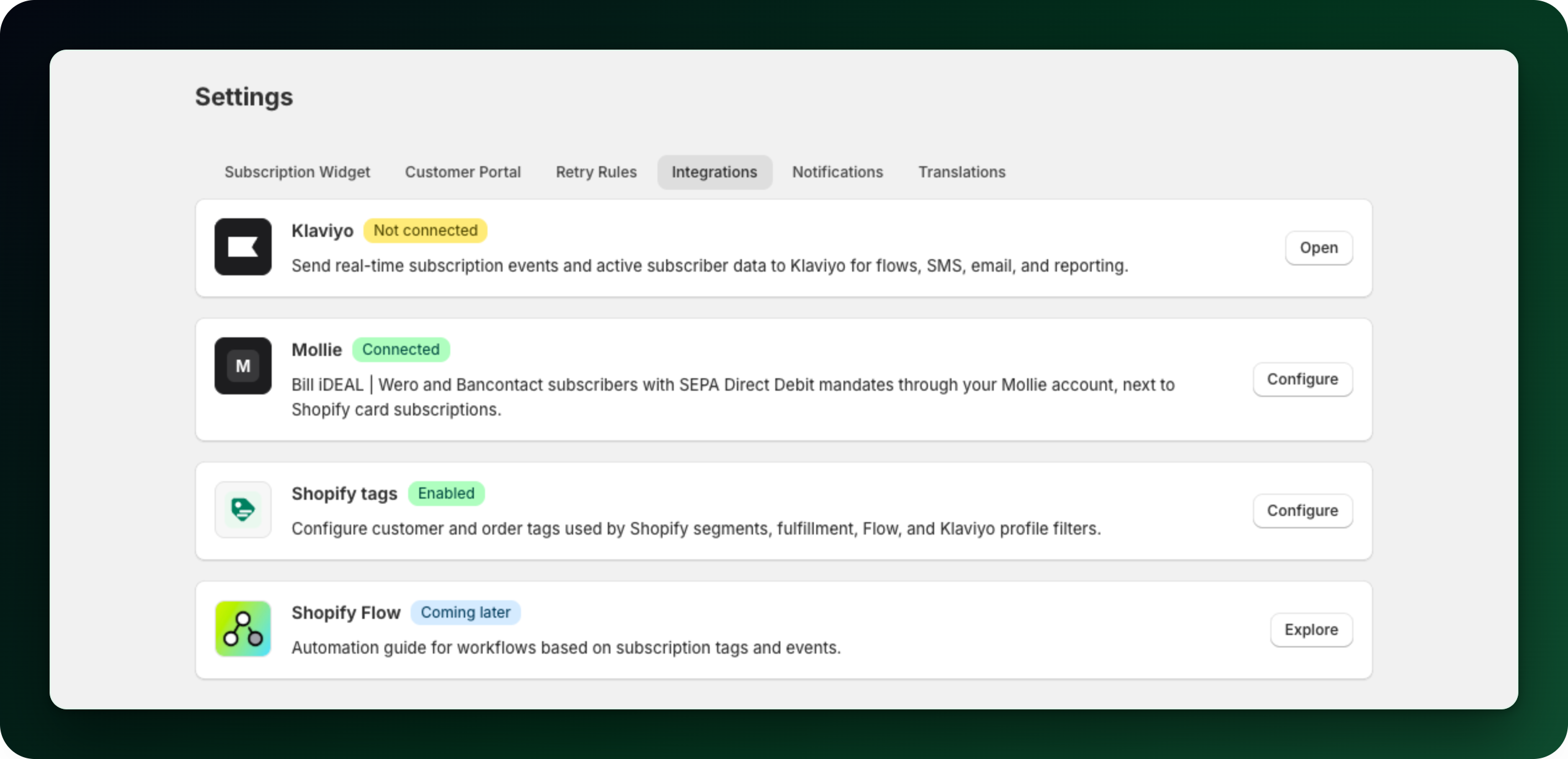 The Integrations tab, where each connection shows whether it is connected The Integrations tab, where each connection shows whether it is connected