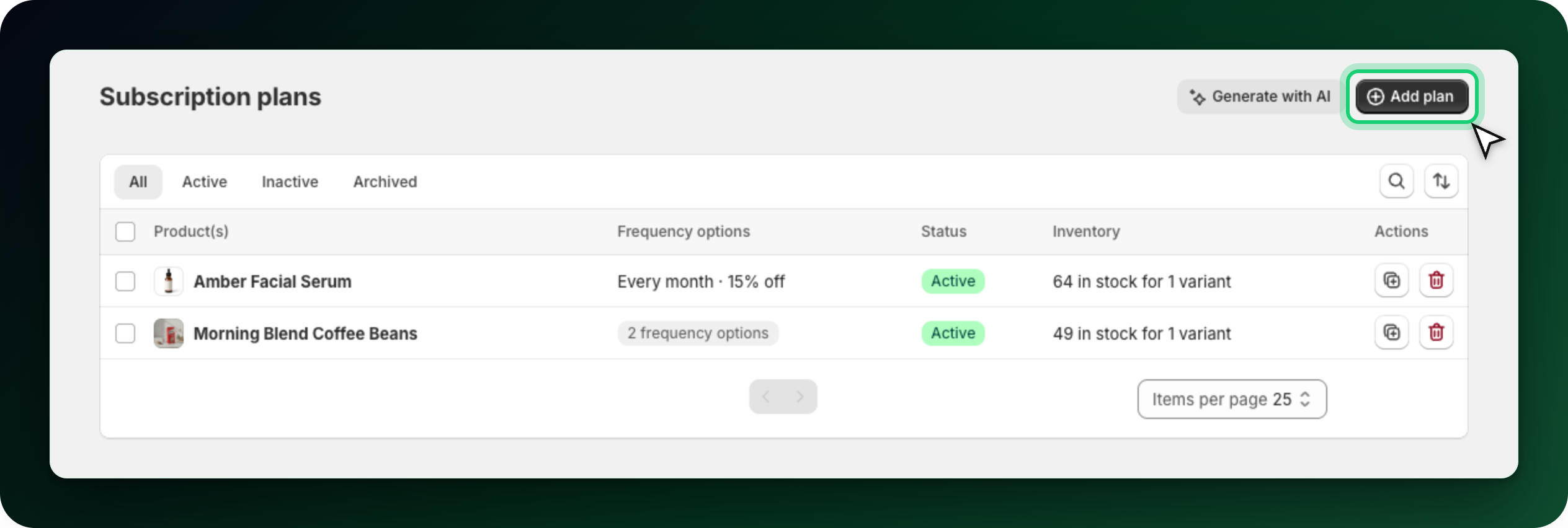 The Subscription plans page with the Add plan and Generate with AI buttons The Subscription plans page with the Add plan and Generate with AI buttons