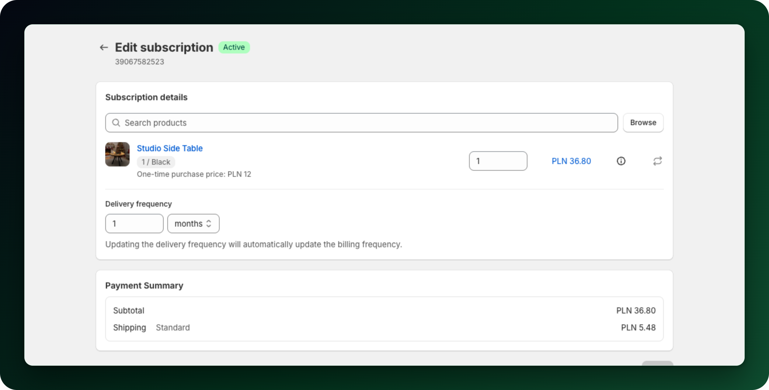 The Edit subscription page with the product line, its quantity and price, and the delivery frequency fields The Edit subscription page with the product line, its quantity and price, and the delivery frequency fields
