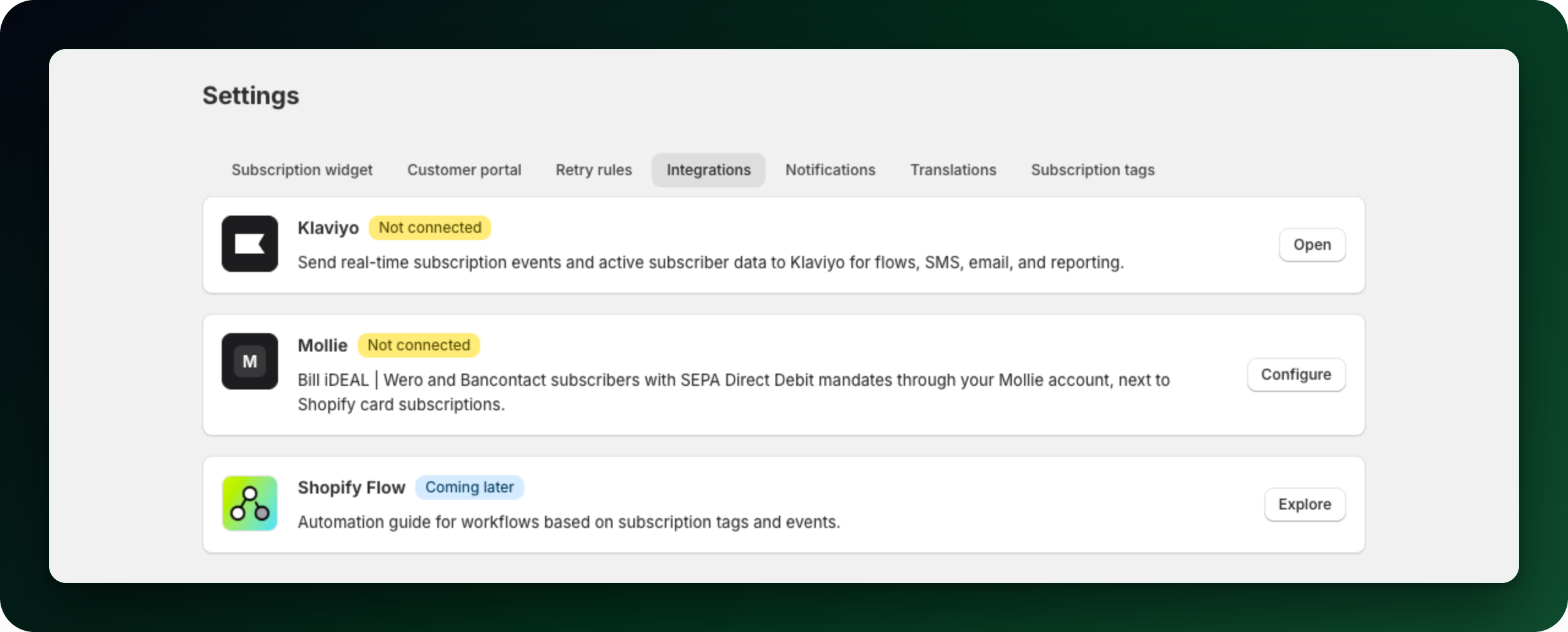 The Integrations tab with the Mollie card and its Configure button The Integrations tab with the Mollie card and its Configure button
