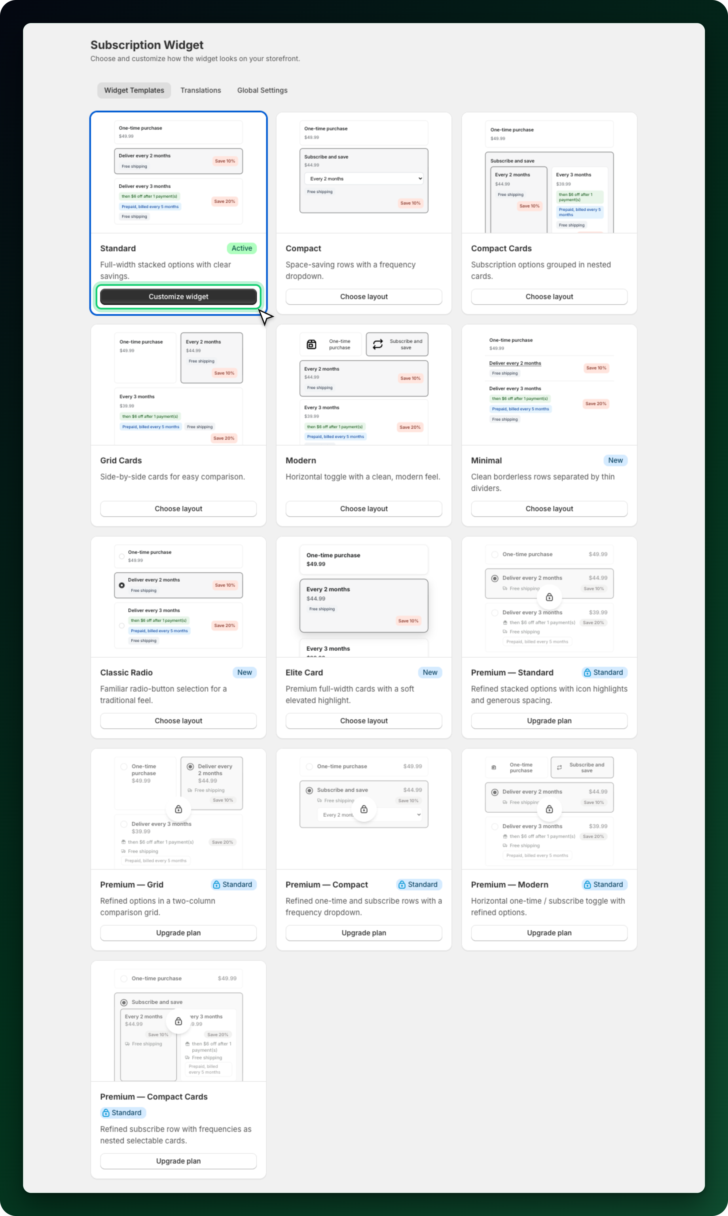 The Widget Templates gallery with the active layout marked Active The Widget Templates gallery with the active layout marked Active