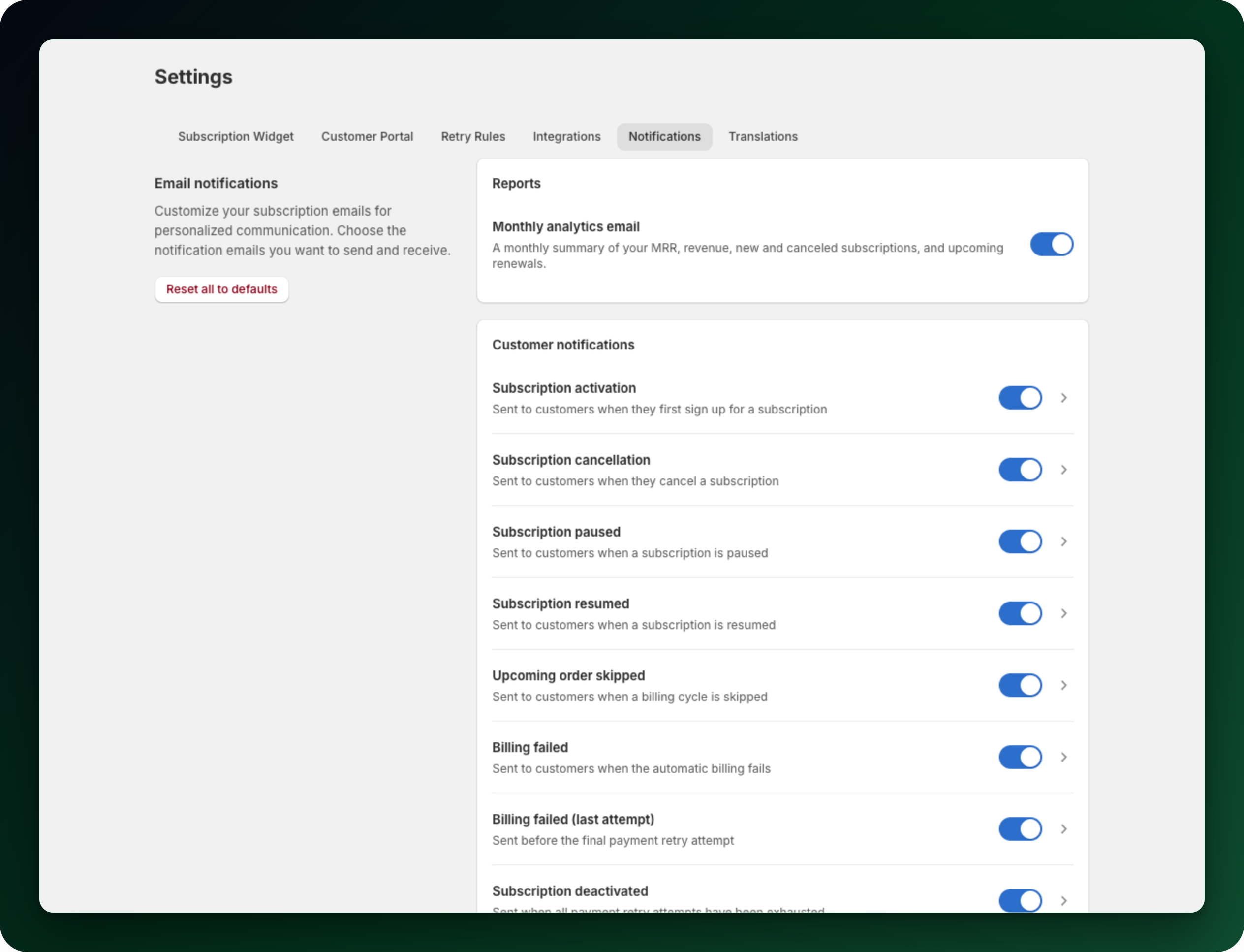The Notifications tab with one row per email, each with a switch and an arrow The Notifications tab with one row per email, each with a switch and an arrow