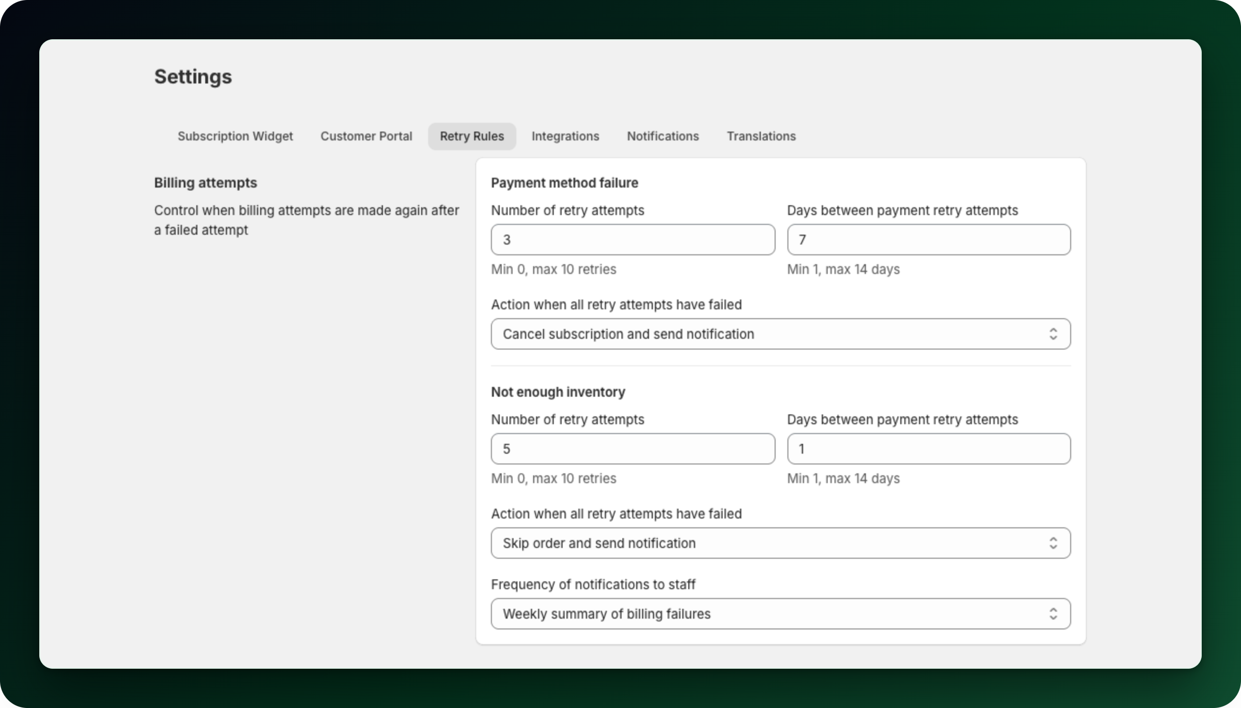 The Retry Rules settings for payment and inventory failures The Retry Rules settings for payment and inventory failures