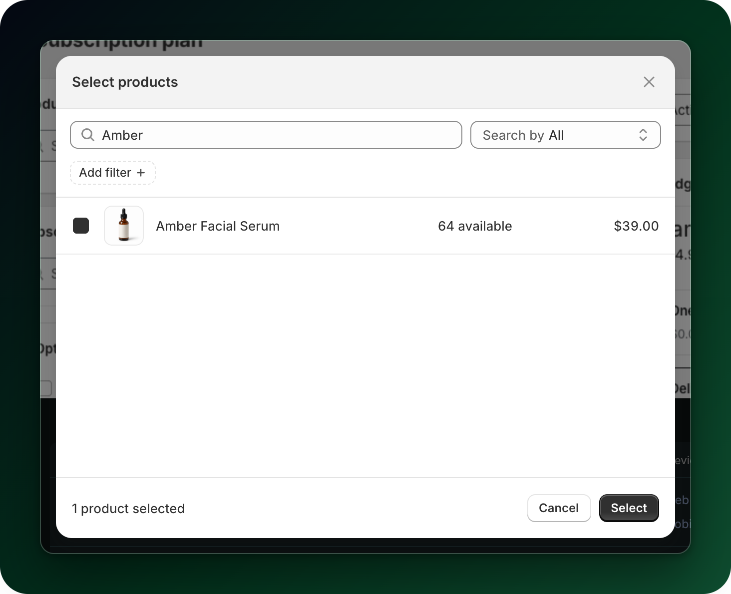 The Select products dialog with a product found by name, its stock and its price The Select products dialog with a product found by name, its stock and its price