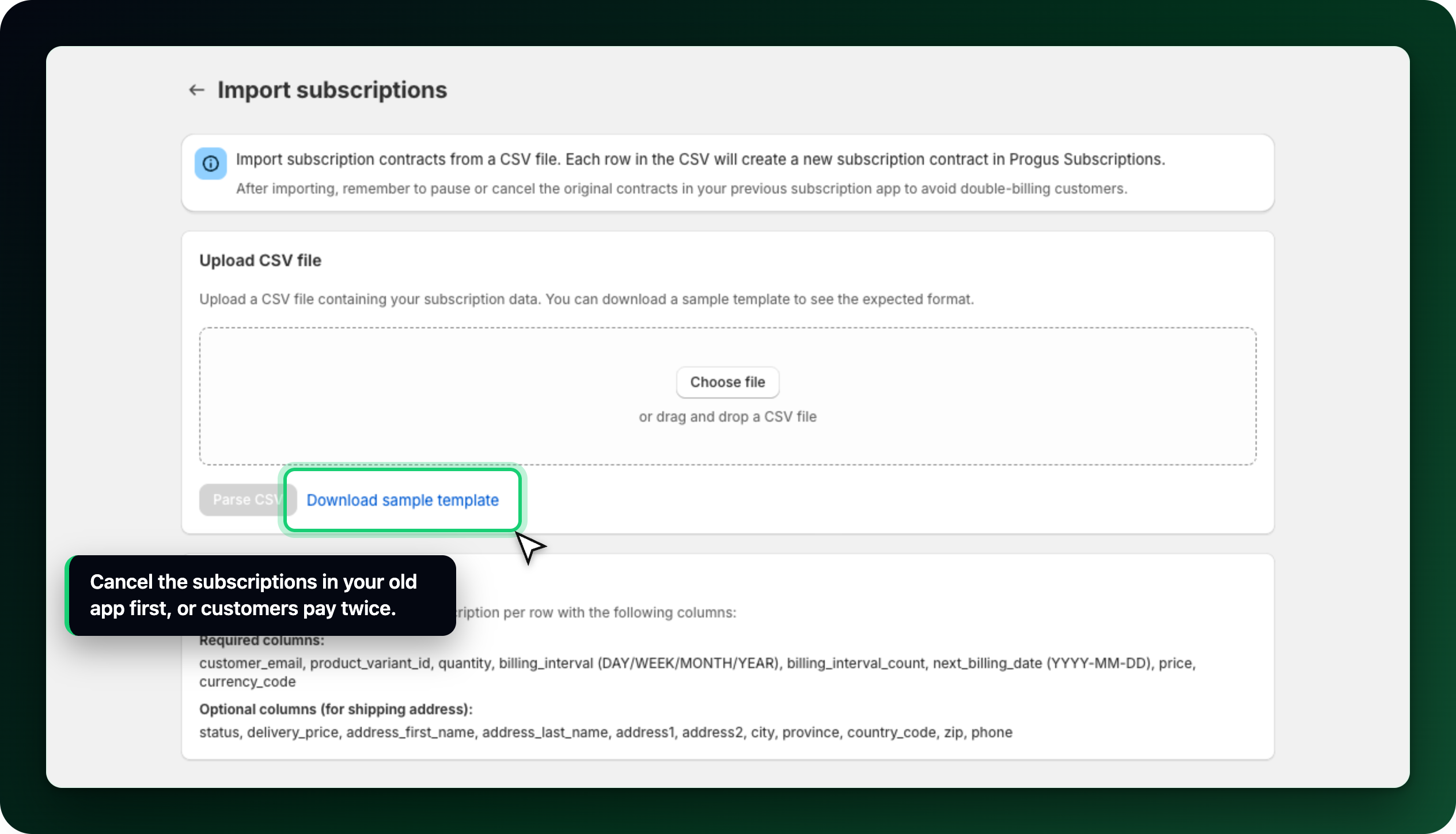 The import screen where the CSV file is uploaded The import screen where the CSV file is uploaded