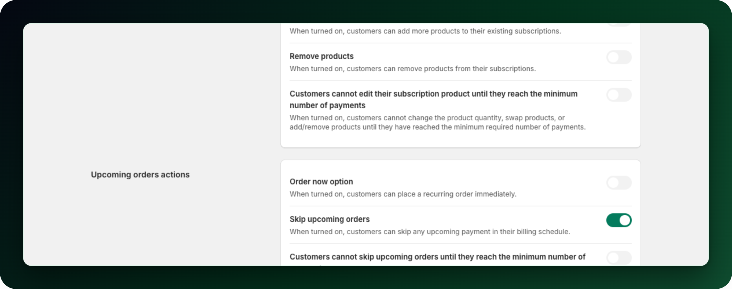 The Customer Portal settings, ending at the Skip upcoming orders switch The Customer Portal settings, ending at the Skip upcoming orders switch