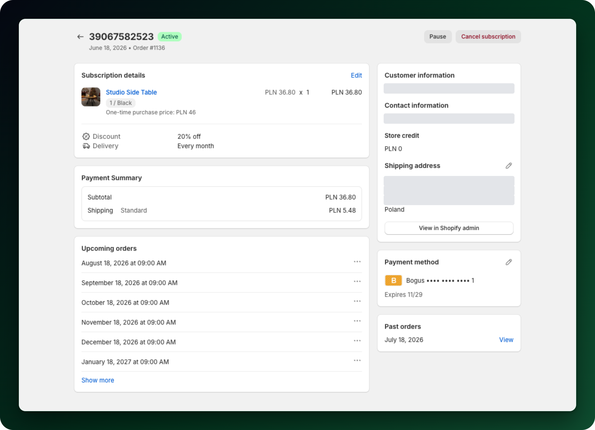 A subscription detail page with the Subscription details, Payment Summary, Upcoming orders, Customer information, Payment method and Past orders cards A subscription detail page with the Subscription details, Payment Summary, Upcoming orders, Customer information, Payment method and Past orders cards