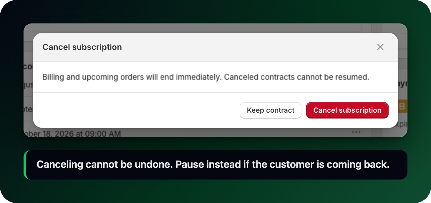 The Cancel subscription dialog with the Keep contract and Cancel subscription buttons The Cancel subscription dialog with the Keep contract and Cancel subscription buttons