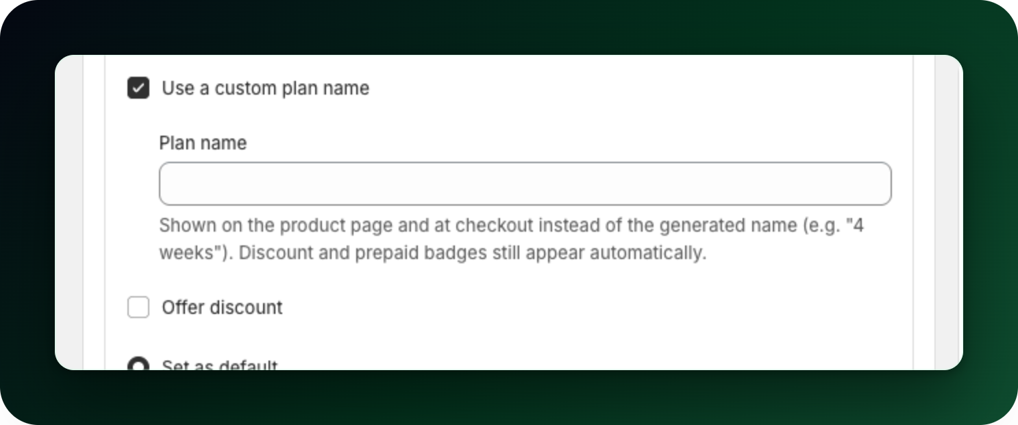 The Use a custom plan name checkbox ticked, with the Plan name field and its help text The Use a custom plan name checkbox ticked, with the Plan name field and its help text