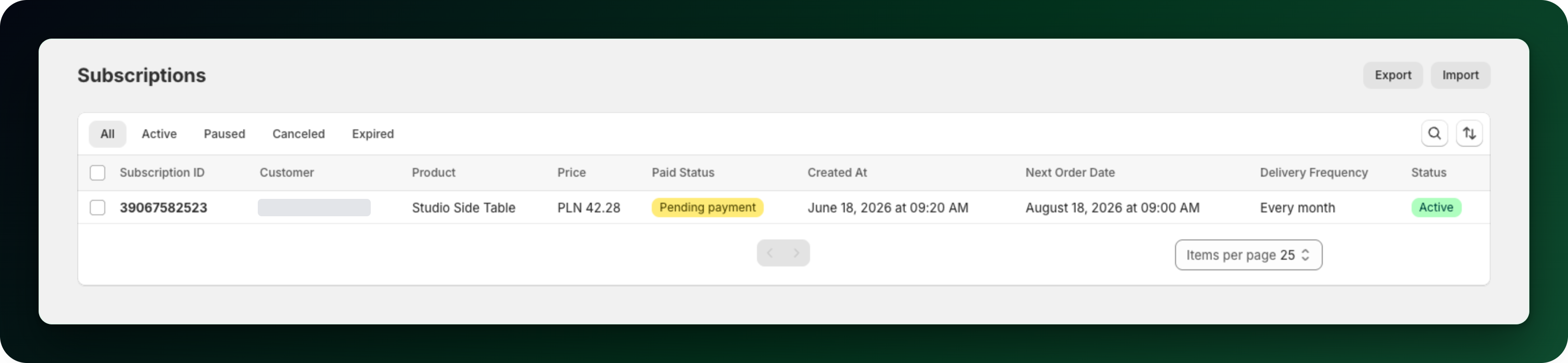 The Subscriptions list with its status tabs and columns, on a store whose only row is a Shopify contract The Subscriptions list with its status tabs and columns, on a store whose only row is a Shopify contract