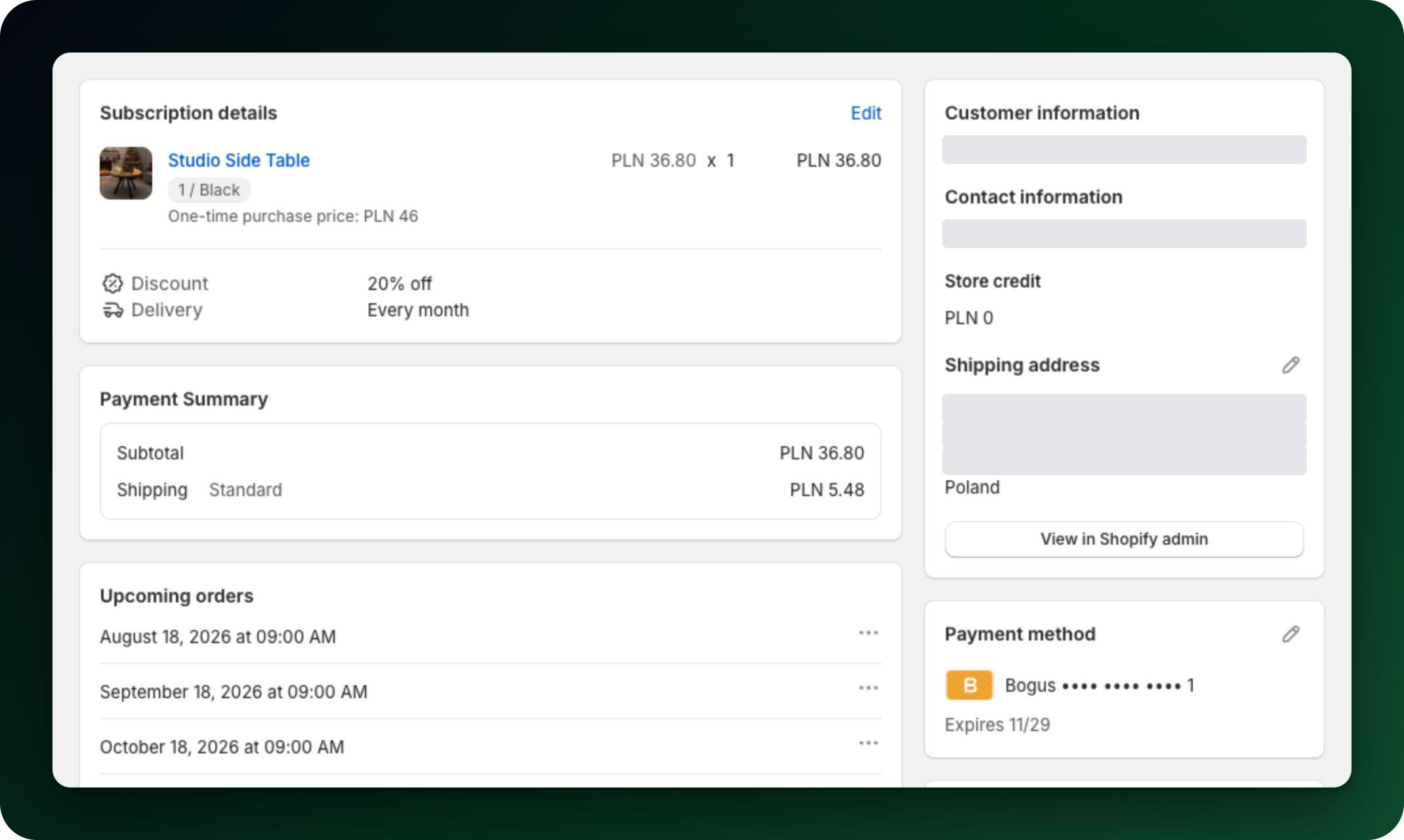 The subscription page with the Customer information card in the right-hand column The subscription page with the Customer information card in the right-hand column