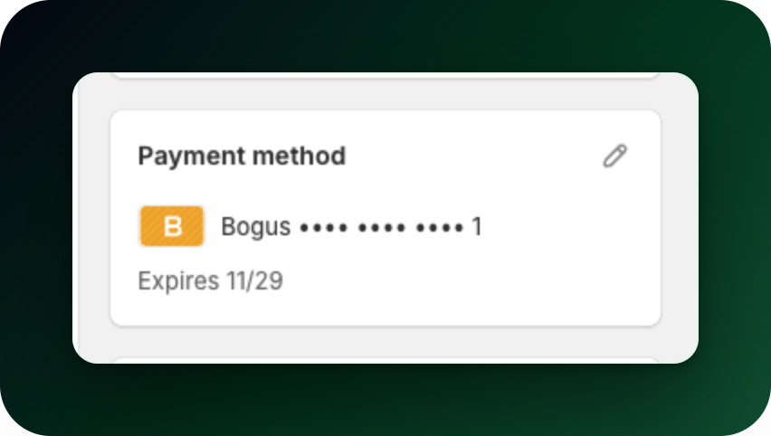 The Payment method card with the saved card, its expiry date and the pencil The Payment method card with the saved card, its expiry date and the pencil
