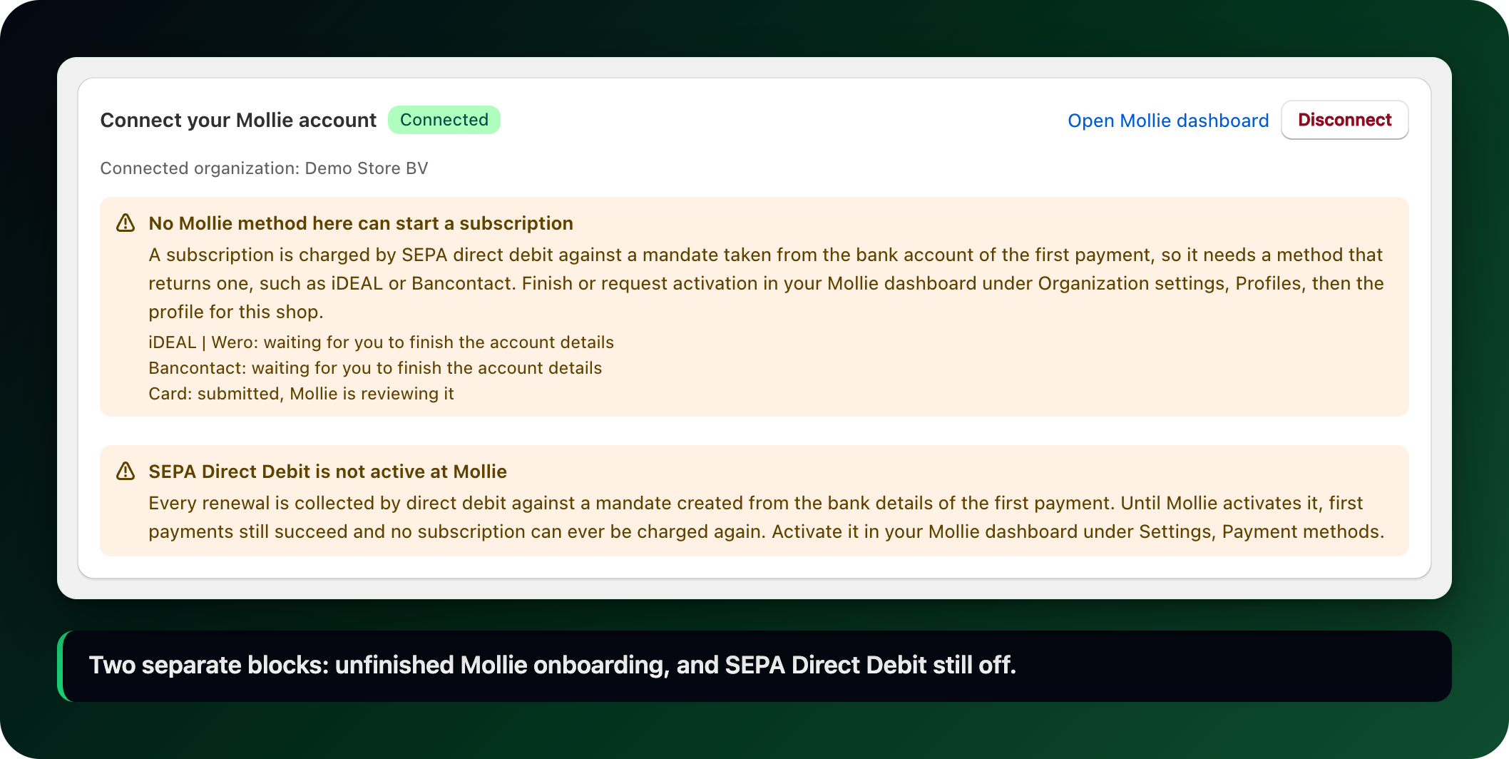 Two warnings on the connection card: no method can start a subscription, and SEPA Direct Debit is not active Two warnings on the connection card: no method can start a subscription, and SEPA Direct Debit is not active