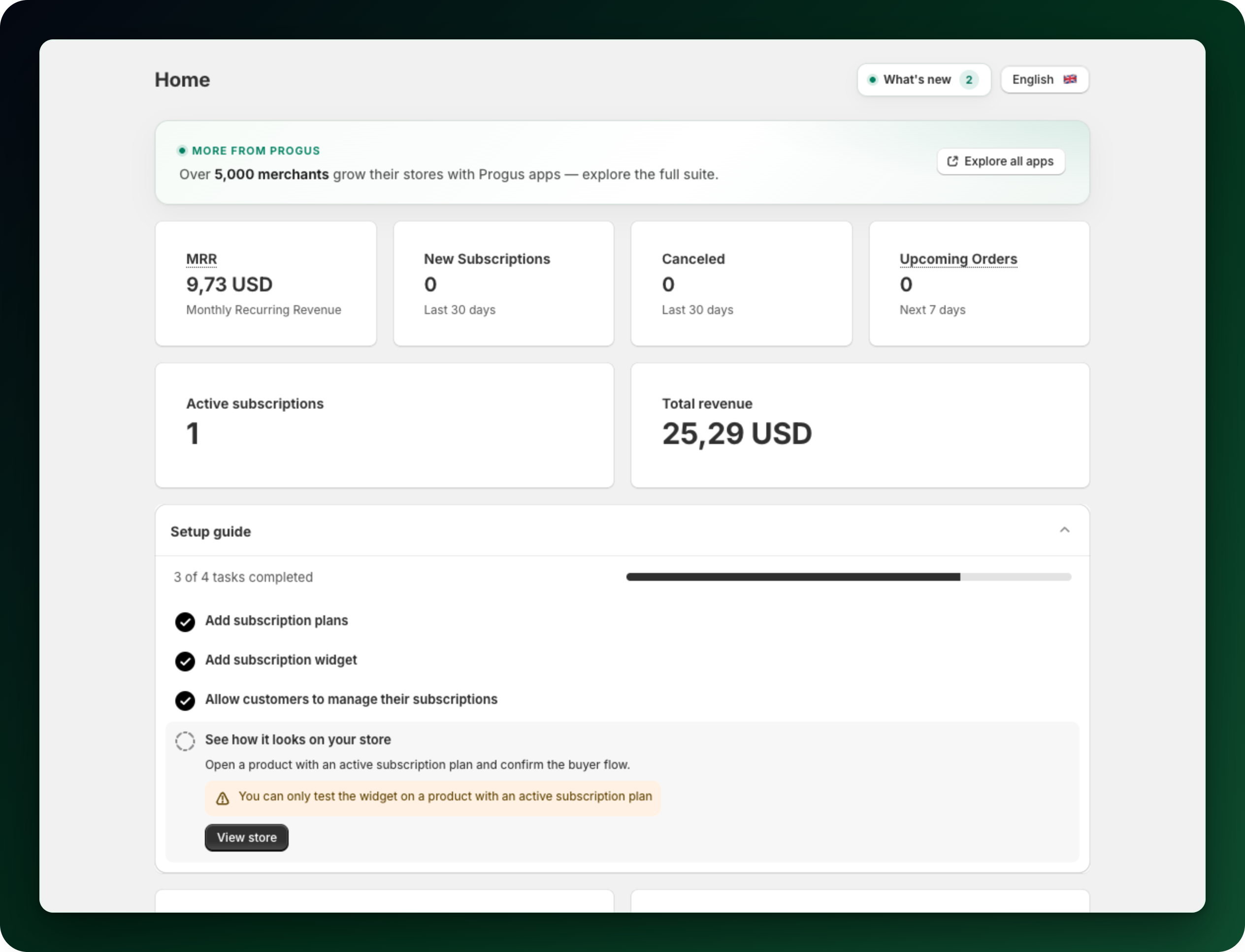 The app dashboard with the Setup guide open, showing its list of setup tasks with tick marks The app dashboard with the Setup guide open, showing its list of setup tasks with tick marks