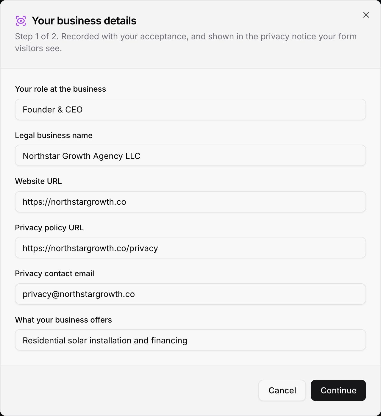 Step 1 of the terms screen: your business details