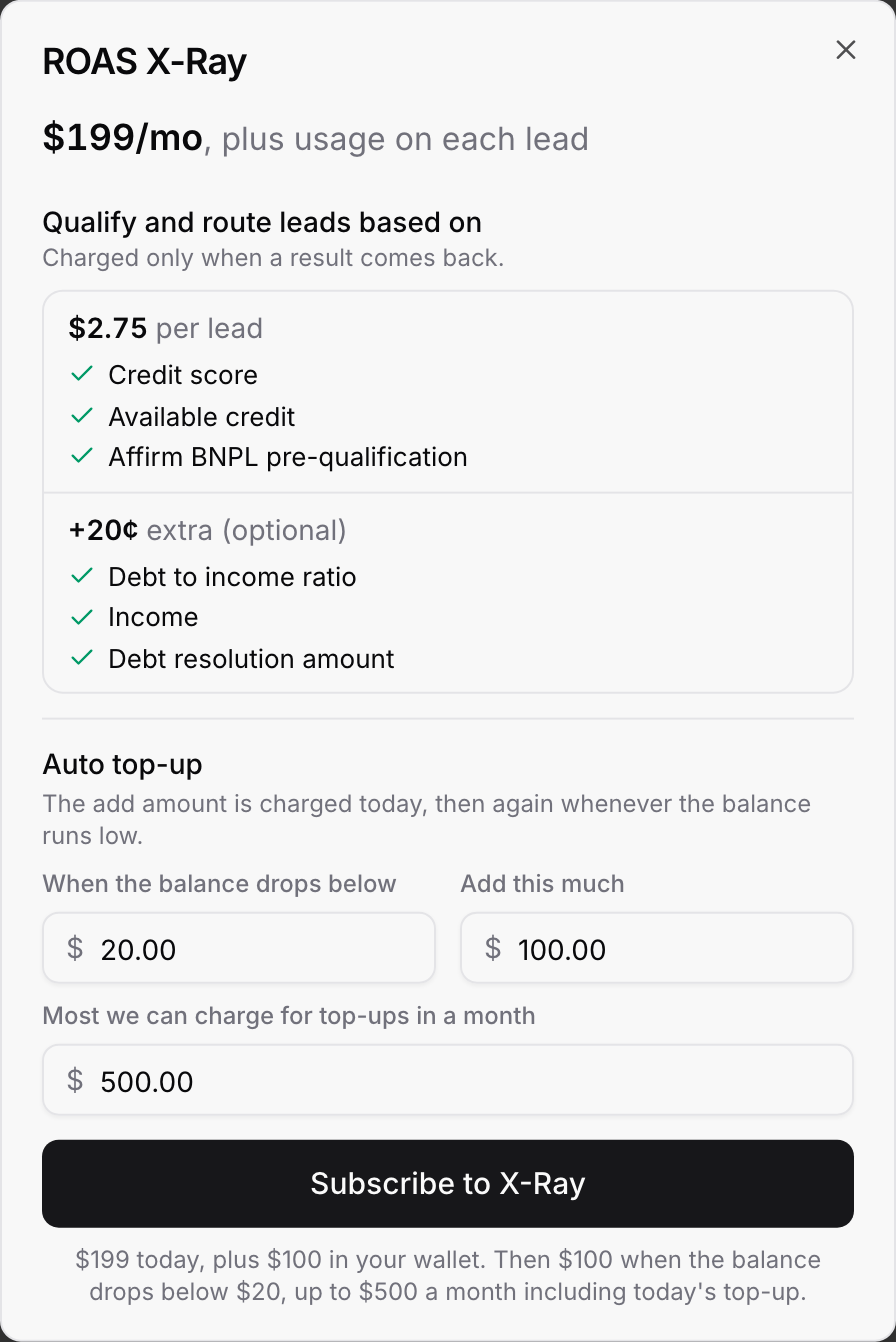 The X-Ray plan screen with the monthly fee, the per-lead price and the auto top-up amounts