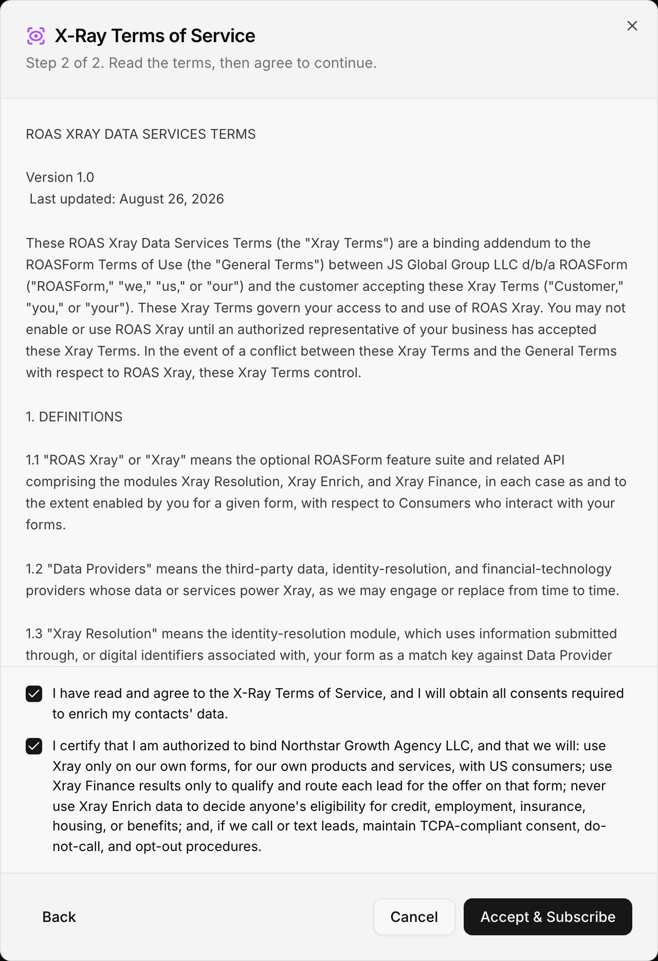 Step 2: the X-Ray Terms of Service with both boxes ticked